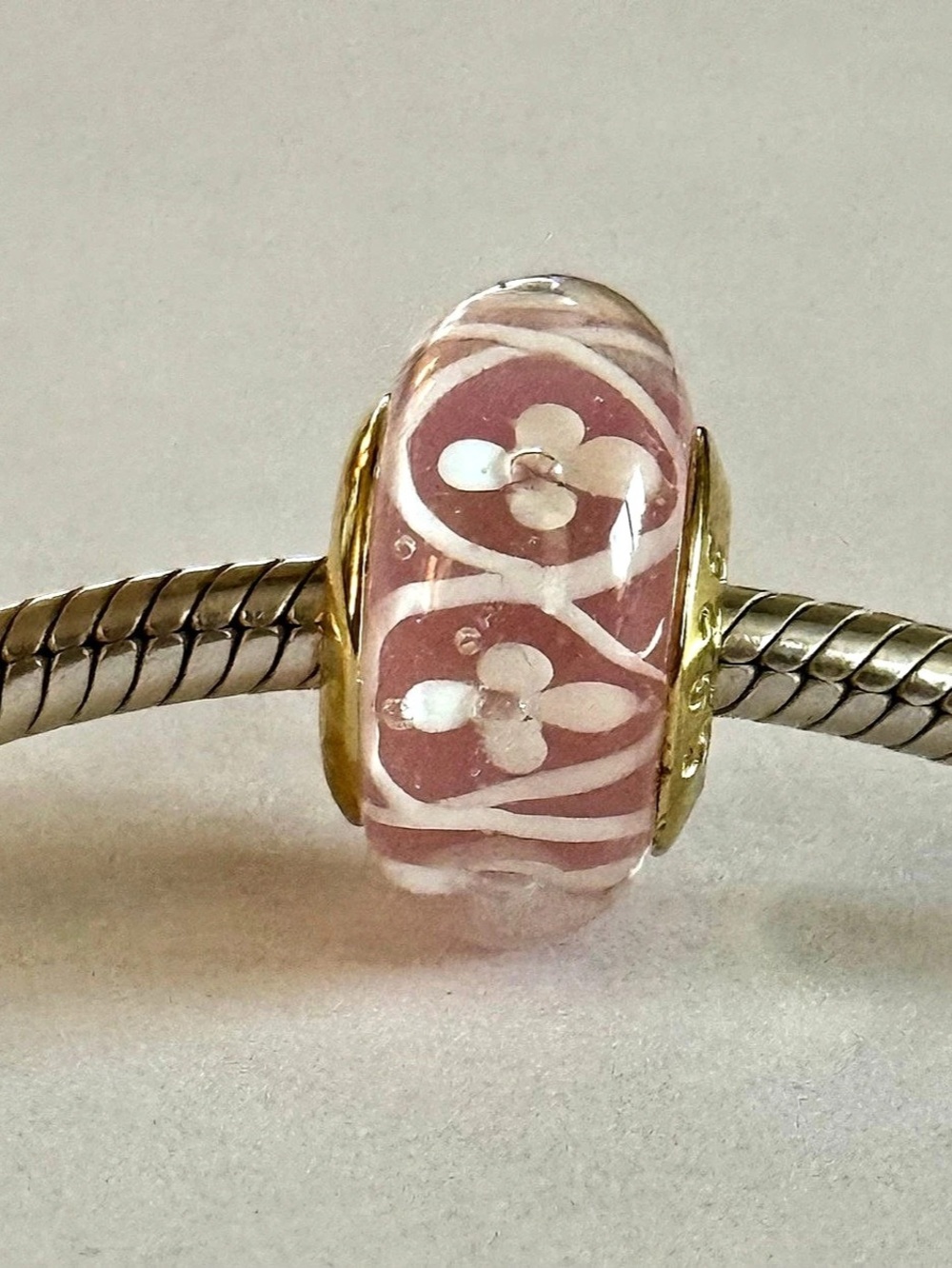 Pink Flowers Murano Glass Charm with gold core fit Pandora bracelets